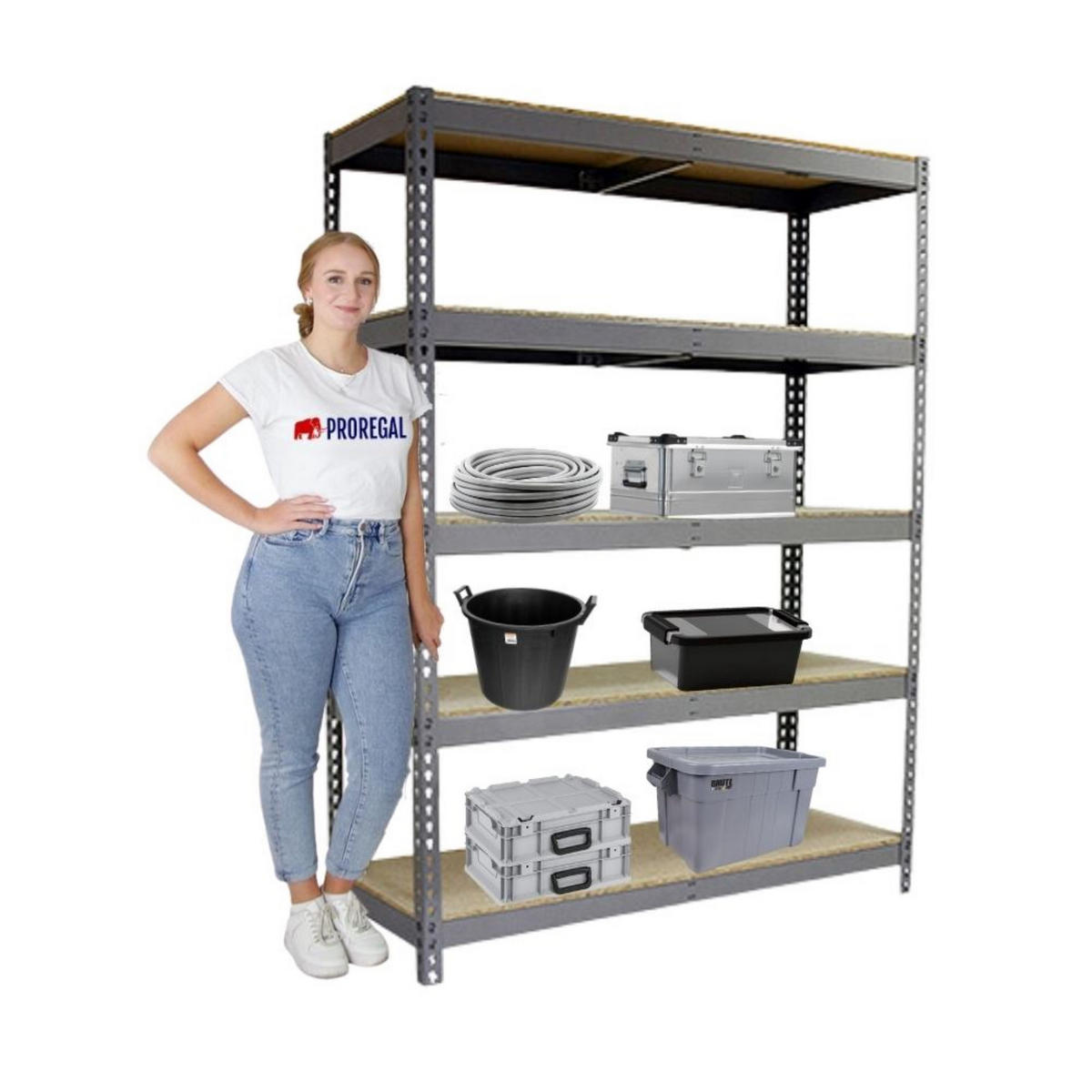 SCHWERLASTREGAL Wood Beast Five HxBxT 200 x 150 x 90 cm 5 Ebenen Fachlast 600 kg Grau - Grau, Metall (150/200/90cm) - PROREGAL
