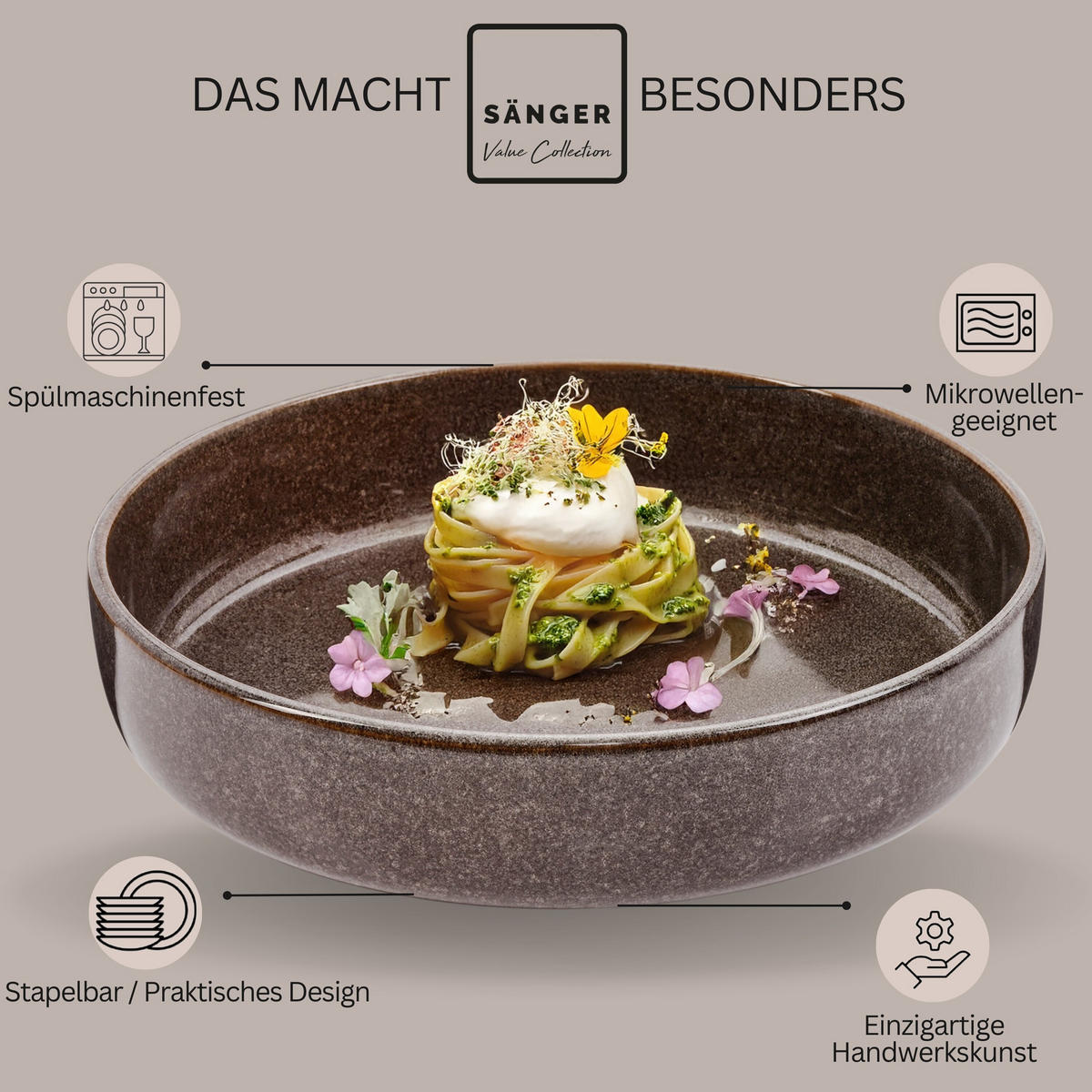 PASTASCHALEN SET KAIRO GRAPHIT - 4 teilig aus Steingut - Braun, Keramik (26.5cm) - Sänger