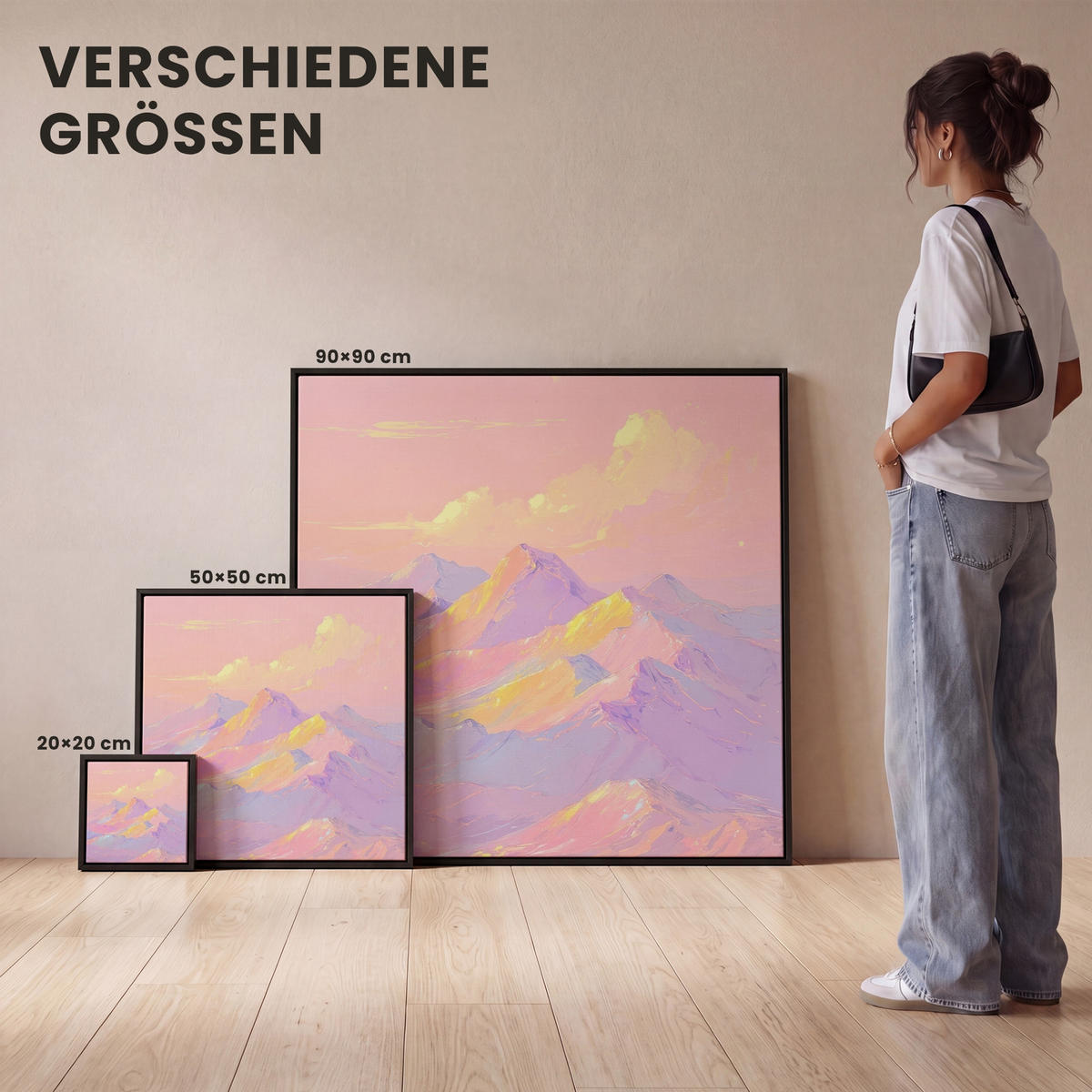 LEINWAND Bilder mit Rahmen - Berggipfel - Wolken - Verträumt - 90x90 - Hellrosa, Textil (90/90cm) - MuchoWow