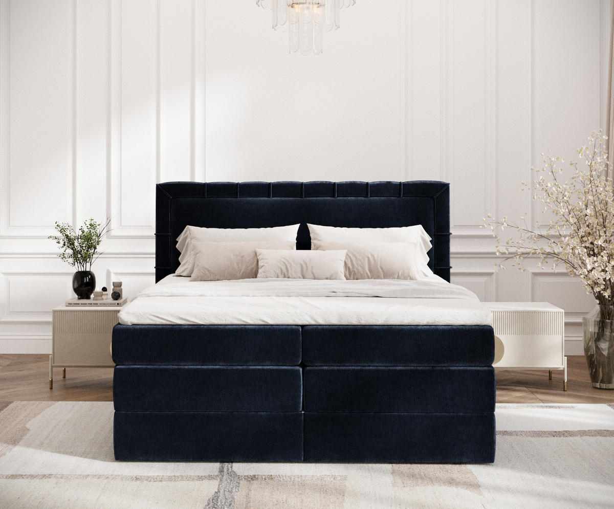 BOXSPRINGBETT Rosabel Marineblau 140/200 cm mit Matratze und Topper - Schwarz/Dunkelblau, Holz/Holzwerkstoff (140/200cm) - Maison de Reve