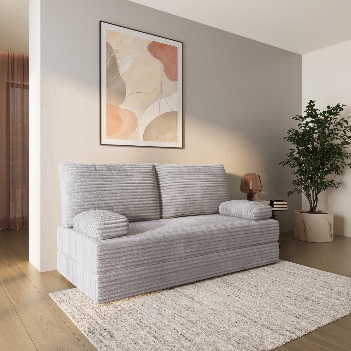 BETTSOFA SILAR aus Schaumstoff Cordstoff Hellgrau Schlaffunktion - Grau, Textil (170/86/80cm) - MASSENO