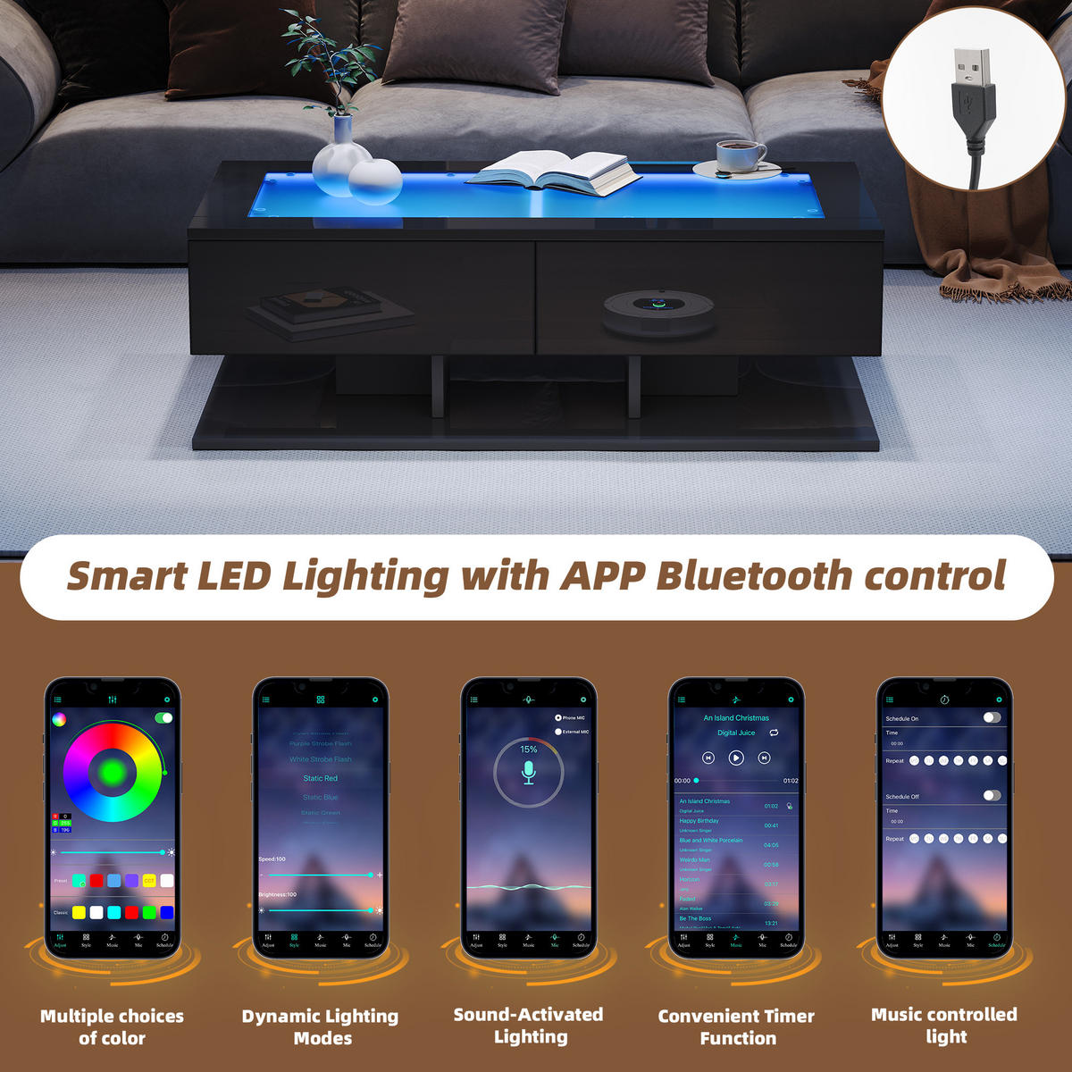 COUCHTISCH 100/50/35 cm schwarz aus Spanplatte und Glas mit LED-Licht - Schwarz, Holzwerkstoff (100/50/35cm) - OKMYHOME
