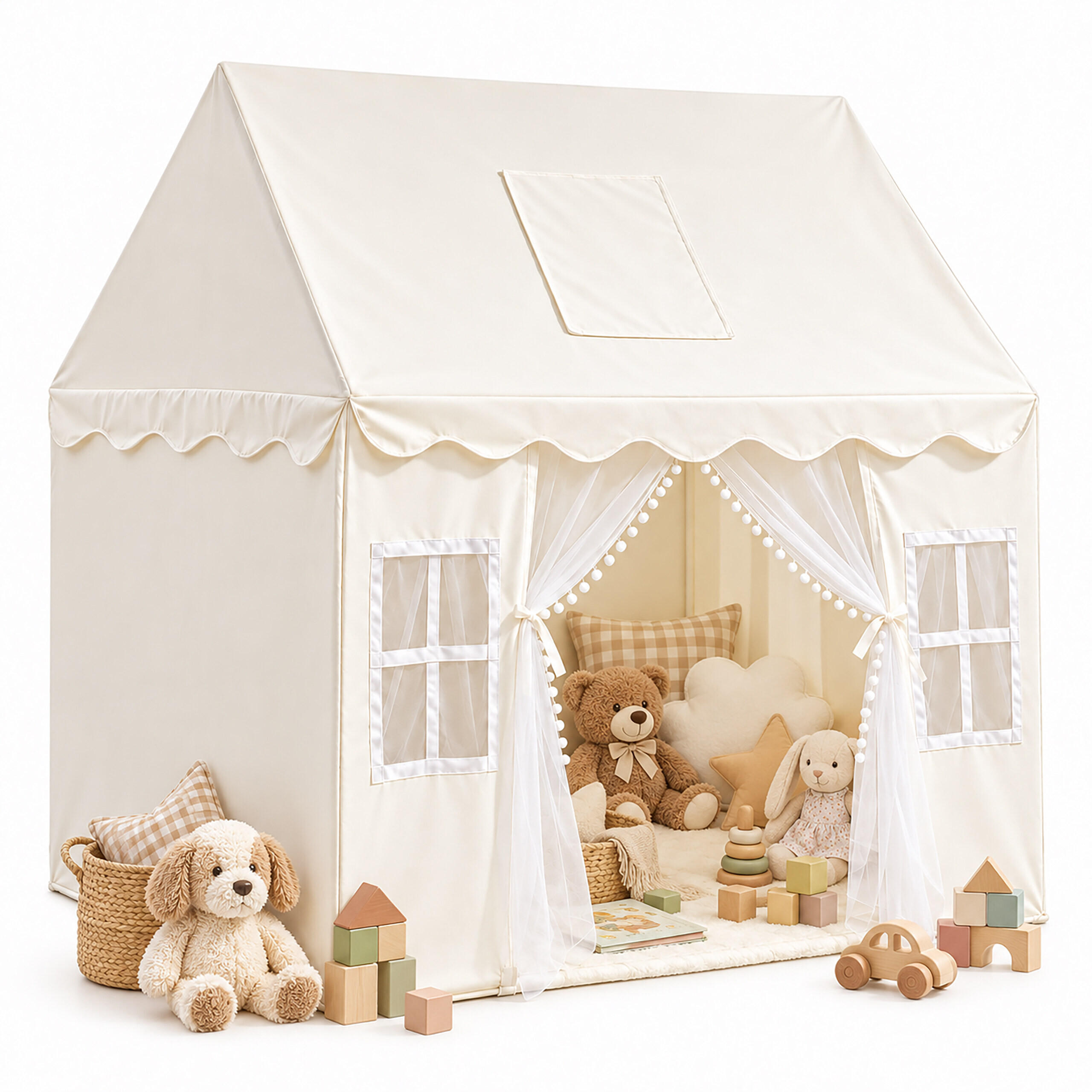 SPIELZELT Beige mit Wimpelkette - Beige, Kunststoff/Textil (125/95cm) - Relaxdays