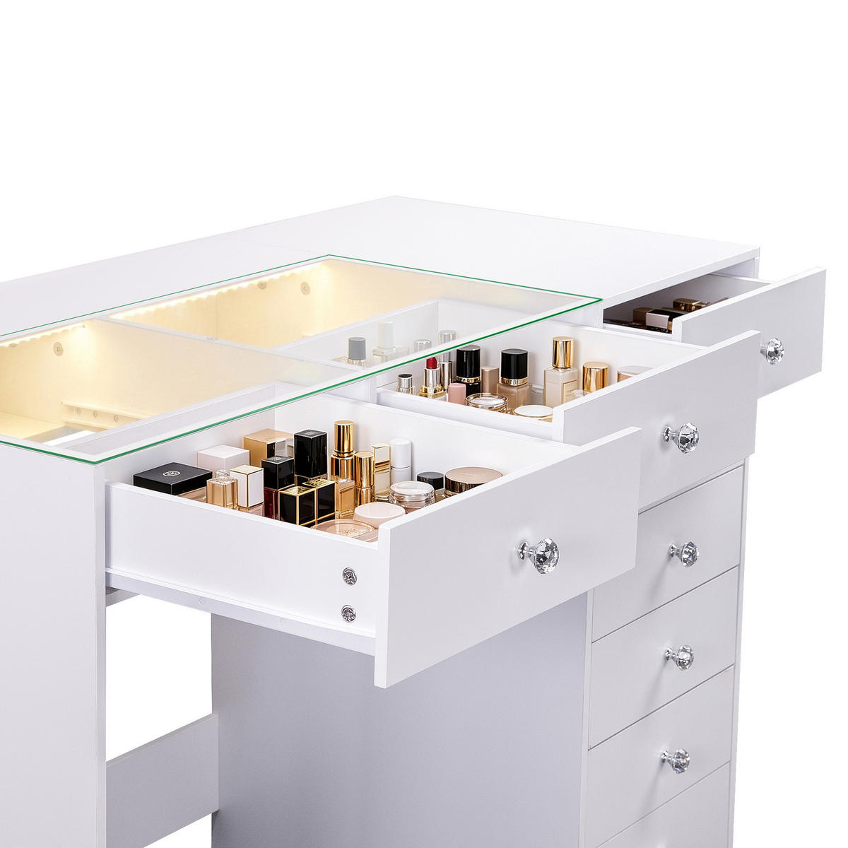 SCHMINKTISCH mit Beleuchtung LED 8 Schubladen Weiβ 120/55/81 CM - Weiß, Glas/Metall (120/81/55cm) - VANITII