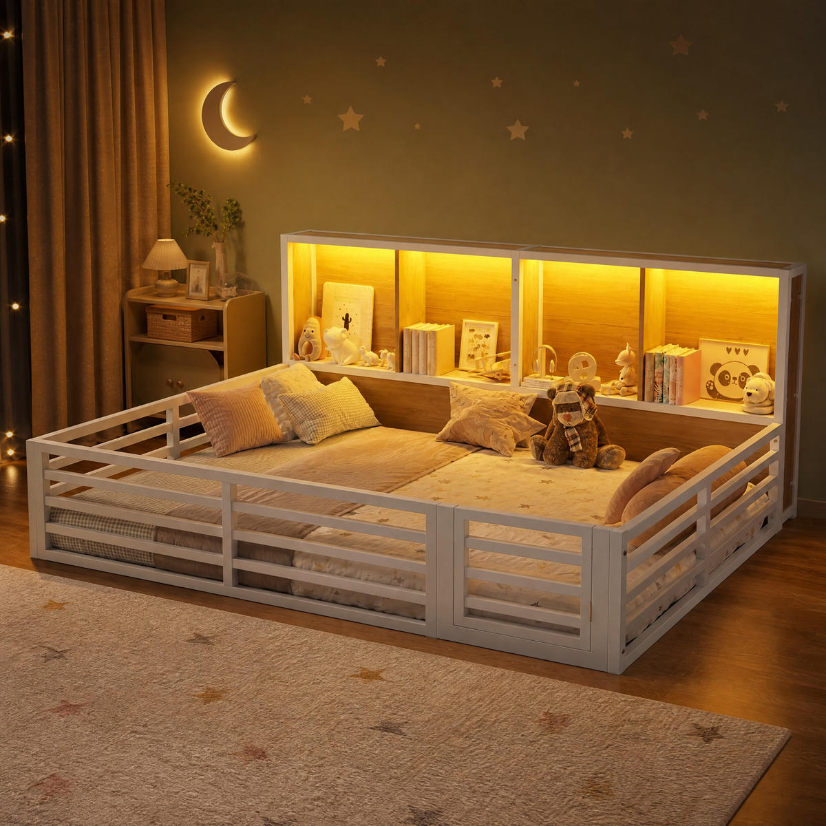 KINDERBETT 140/200 cm in Weiß mit Ablagefächern, LED und Lattenrost Metall-Design - Weiß, Holzwerkstoff/Metall (140/200cm) - STILVORA