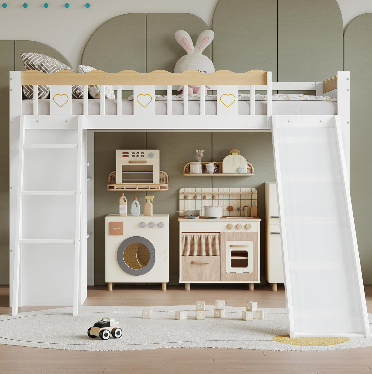 HOCHBETT 90/200 cm Weiß Natur mit Kinderrutsche, Kleiderschrank und Ablageschrank ohne Matratze - Weiß, Holz (90/200cm) - MIVRAY