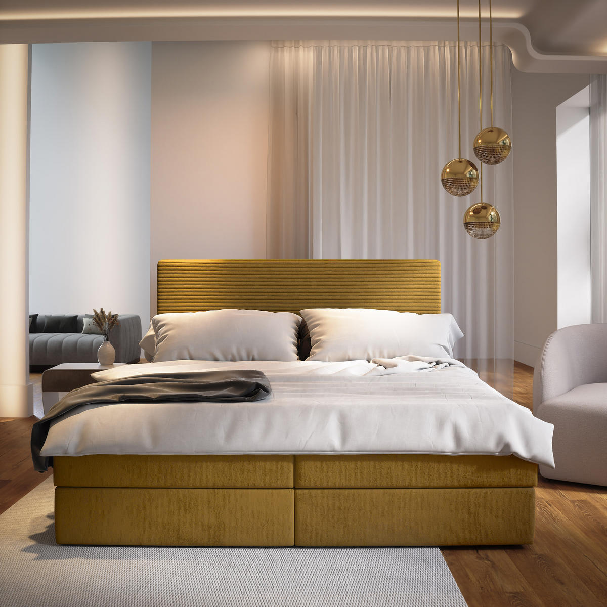 BOXBETT GIARRO 160x200 cm mit Matratze und Topper - Gelb - Gelb, Holz (160/200cm) - MASSENO