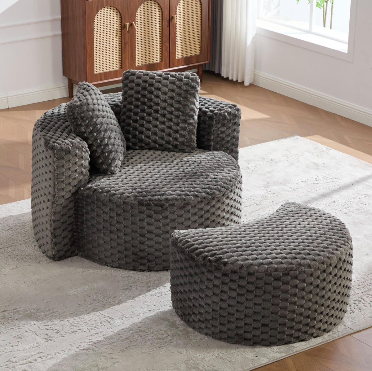 SESSEL aus Stoff 130x115x103 cm Dunkelgrau mit Hocker, ohne Montage und 360°-Design - Dunkelgrau, Textil (129/65/116cm) - Modfu