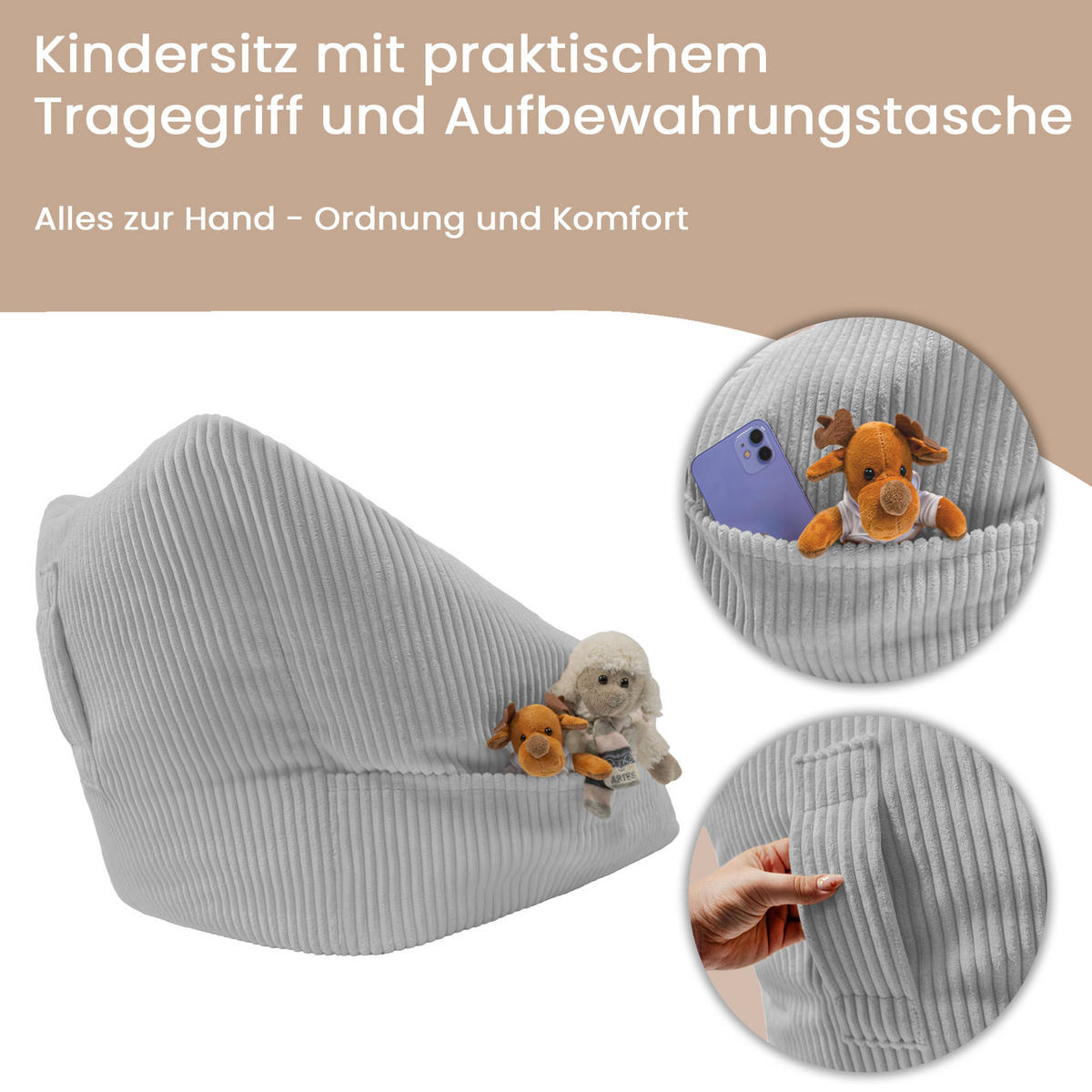 SITZSACK-SESSEL Bambino 55/60/55 cm, weicher Bouclé 315 g/m², mit Griff & Seitentasche, Hellgrau - Hellgrau, Textil (55/55/60cm) - Dreamroots