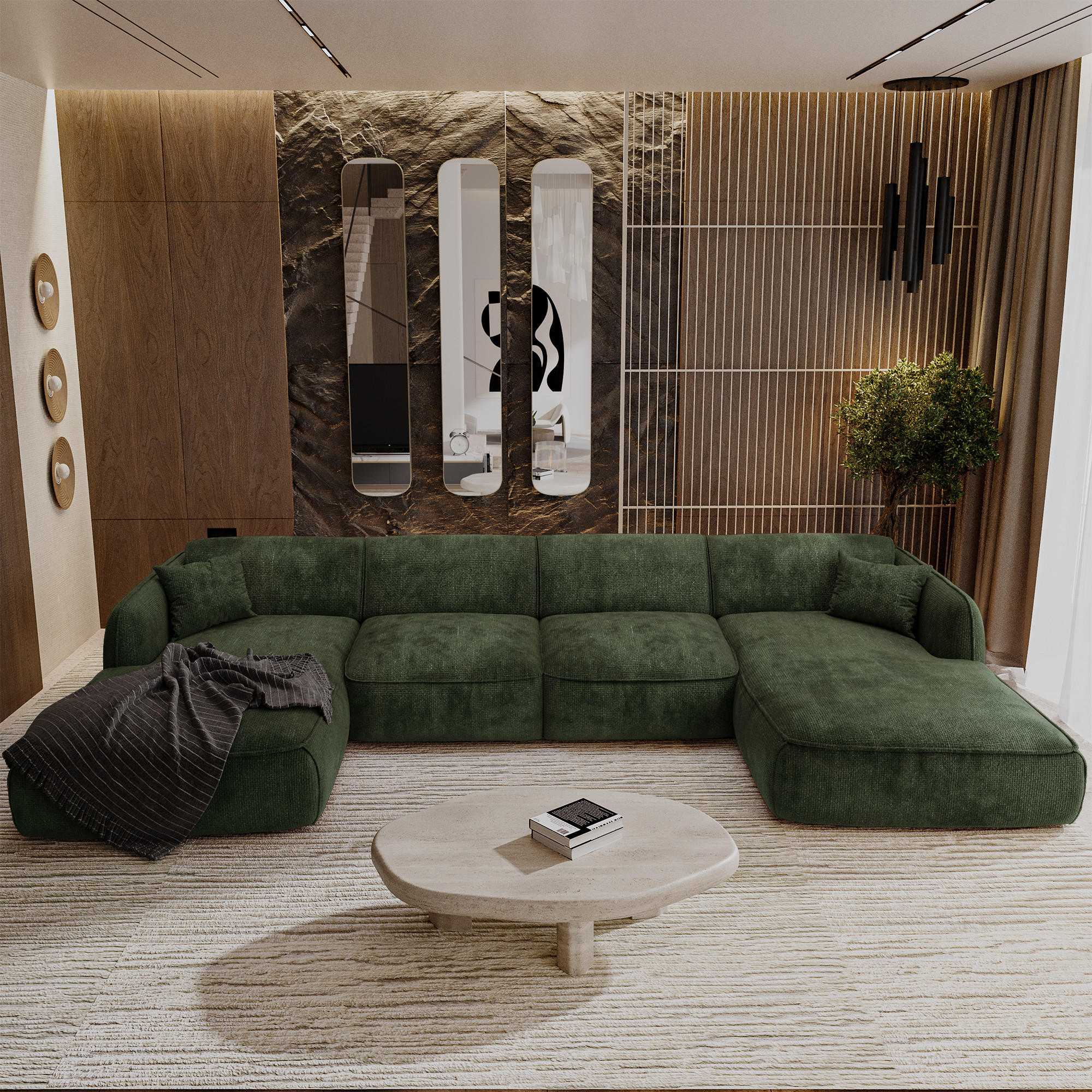 WOHNLANDSCHAFT Rastervelours Olivgrün 346cm - Olivgrün, Textil (346/76/166cm) - Sia Home