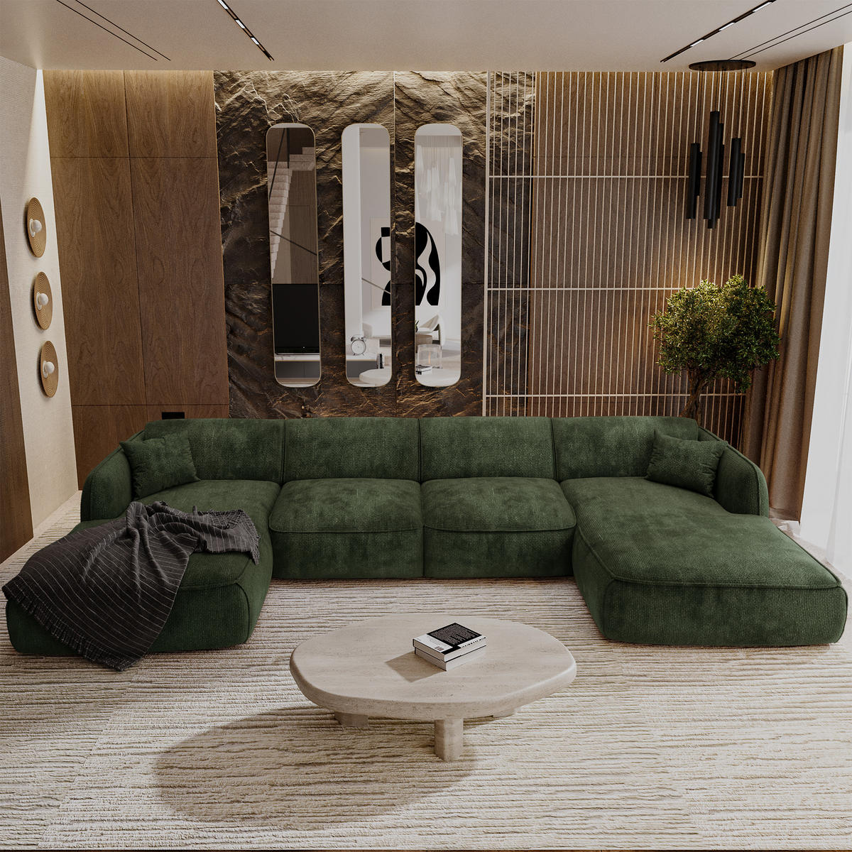 WOHNLANDSCHAFT Rastervelours Olivgrün 346cm - Olivgrün, Textil (346/76/166cm) - Sia Home