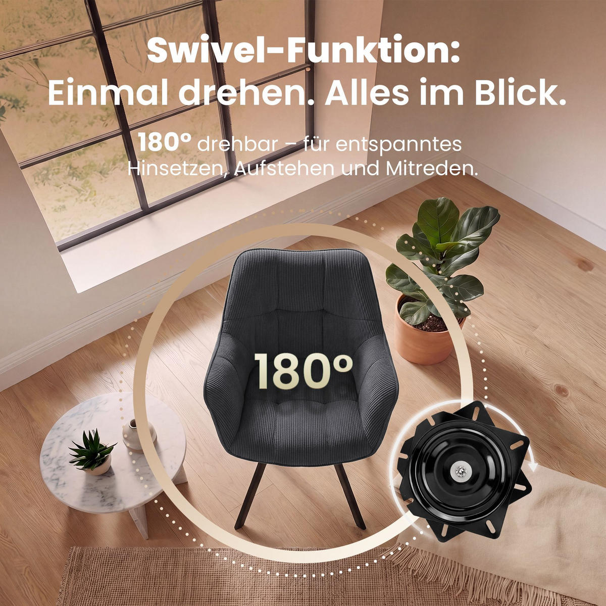 ARMLEHNENSTUHL Cord Dunkelgrau - Dunkelgrau/Schwarz, Textil/Metall (60/81/59cm) - CLP