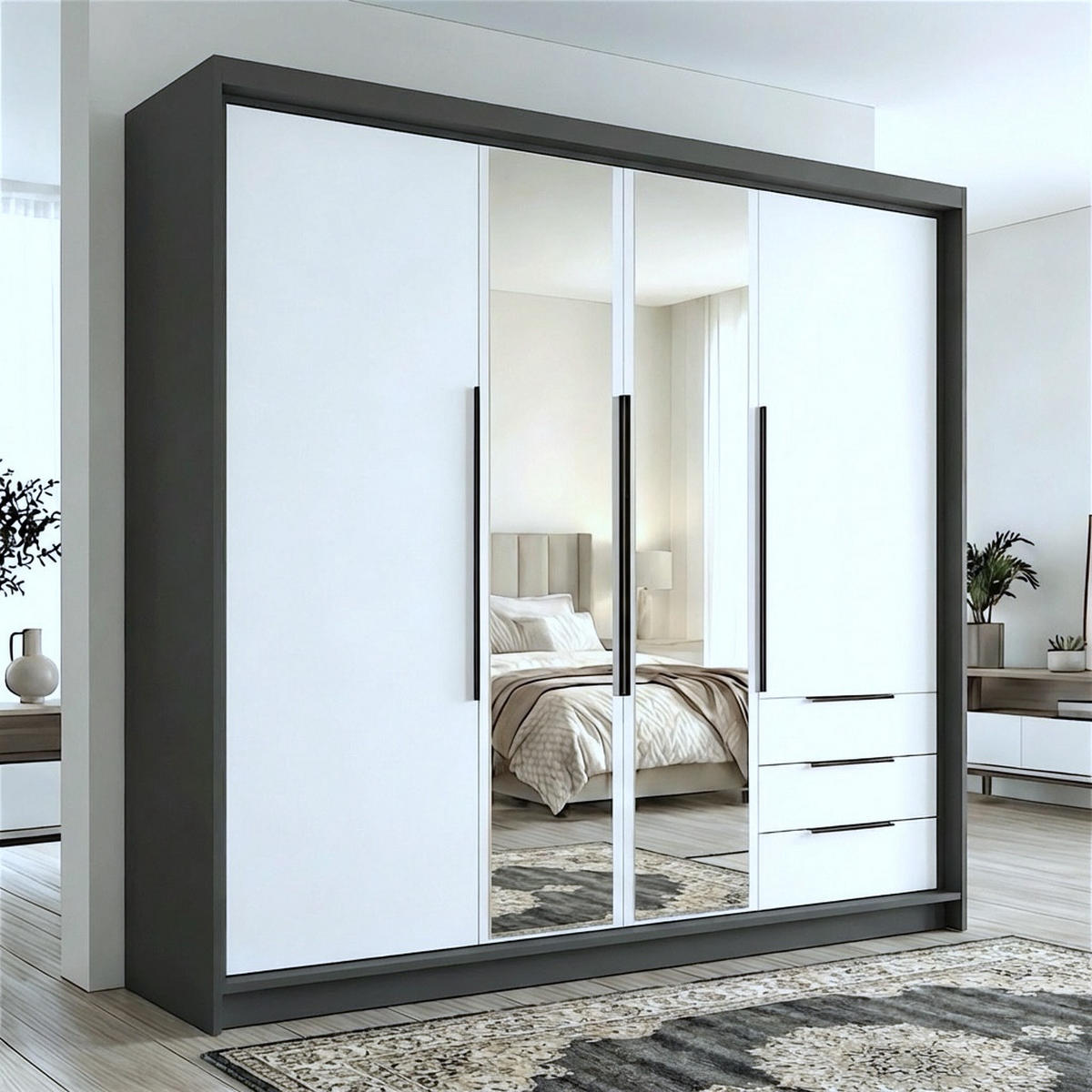 DREHTÜRENSCHRANK VIVO 200 cm Farbe: Graphit | Weiß | Weiß - Graphitfarben/Weiß, Holzwerkstoff/Metall (200/215/59.5cm) - A&J MöbelLand