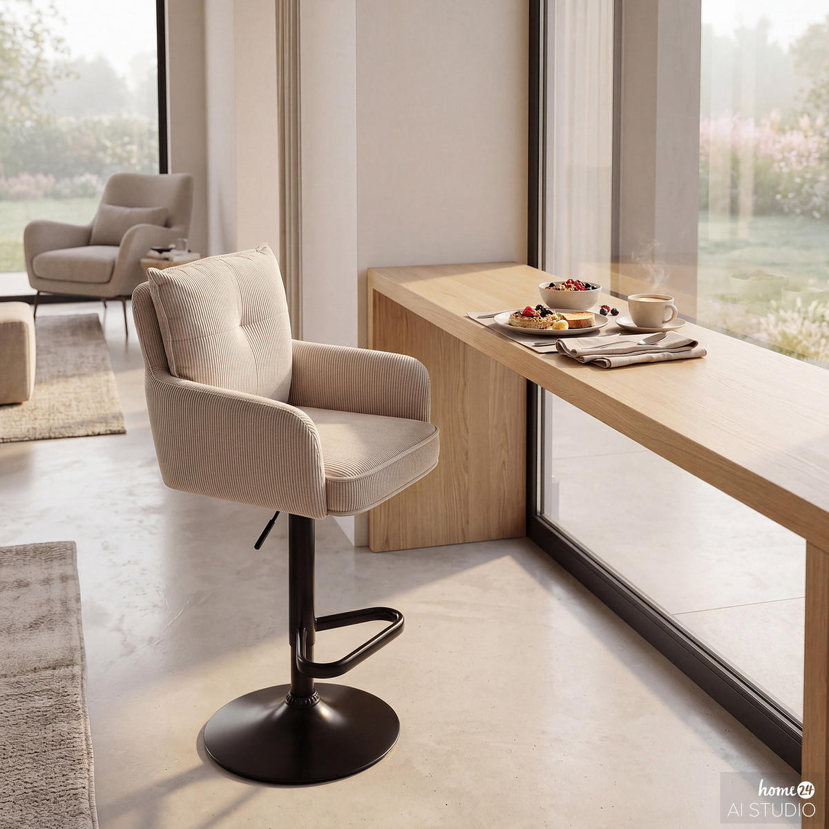 BARSTUHL - 2er-Set - Höhenverstellbar - Cord / Eisen - Beige, Textil/Metall (54/98/58cm) - home24