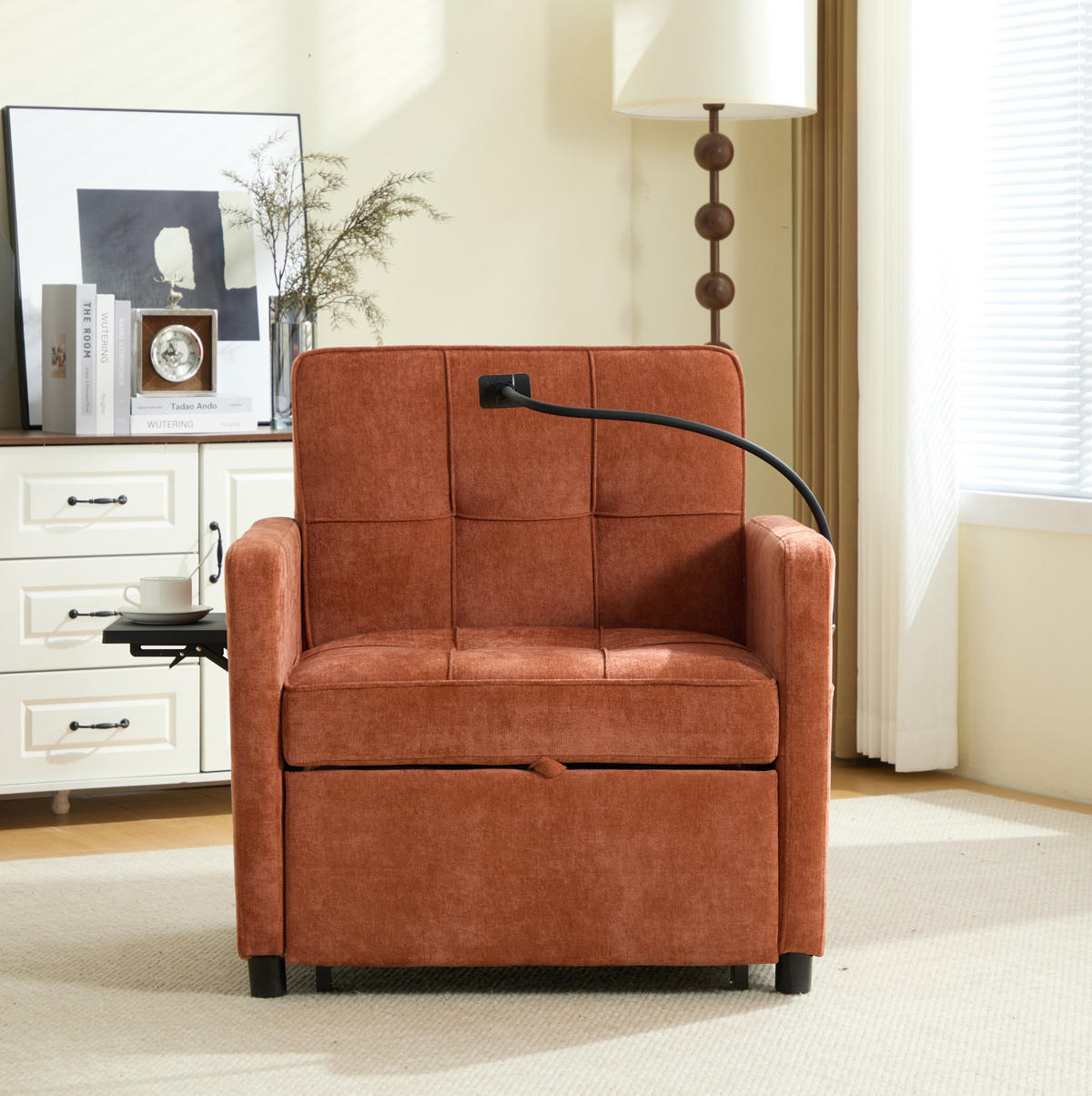 SCHLAFSESSEL 167/79/83 cm in Orange aus Chenille mit Liegefunktion und Stauraum - Orange, Textil (167/83/79cm) - BEAOK