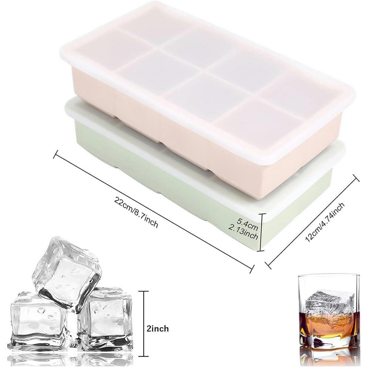 EISWÜRFELFORM 2er Set Silikon mit Deckel für 16 große Eiswürfel - Multicolor, Kunststoff (12/5.4/22cm)