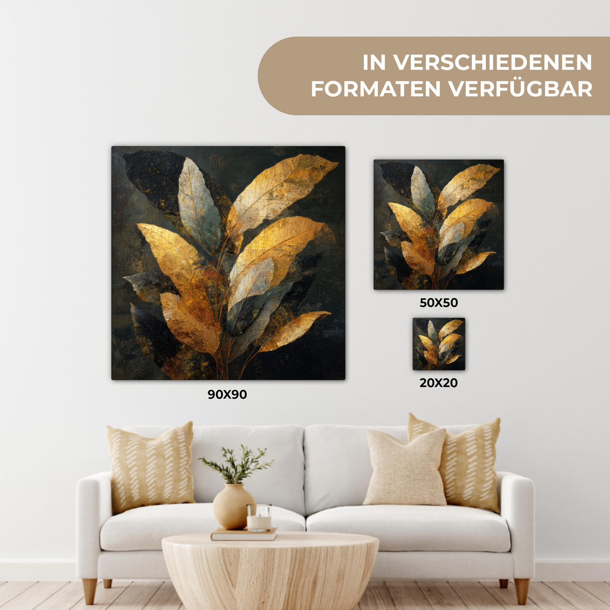 LEINWANDBILD Golden Leaf Komposition - Botanical Luxury Wandbild Wohnzimmer 50x50 cm - Goldfarben/Schwarz, Textil (50/50cm) - MuchoWow