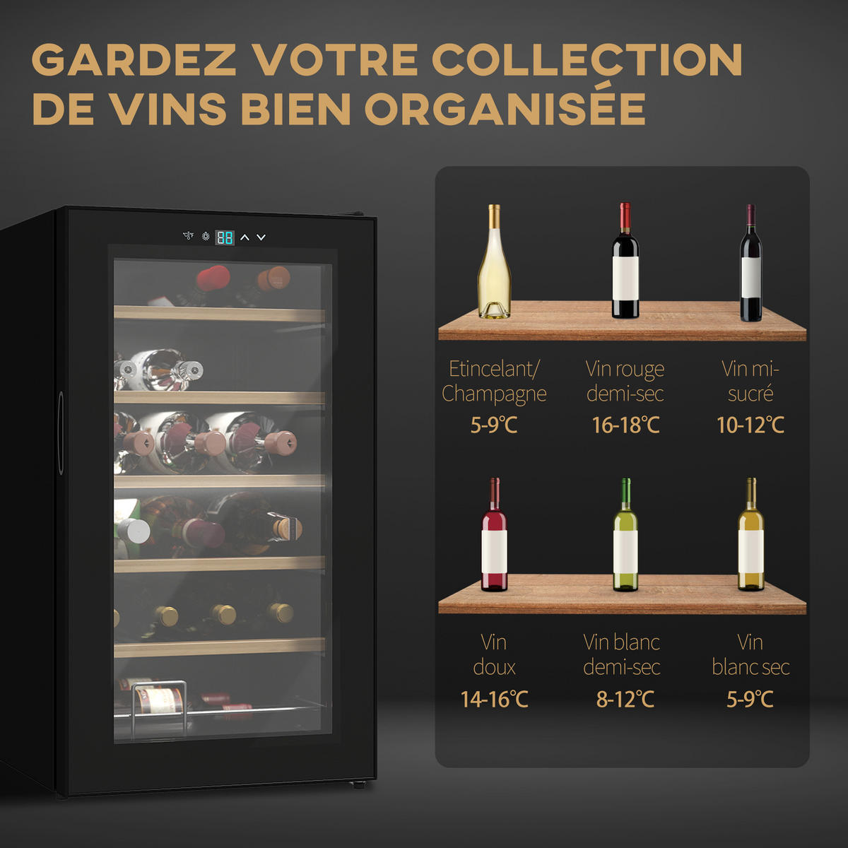 WEINKÜHLSCHRANK DE-17432 24 Flaschen, 5-20°C regelbar mit LED Schwarz - Schwarz, Metall (45/75/43cm) - ComfortXL