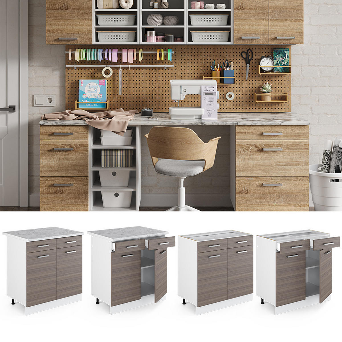 UNTERSCHRANK R-Line Grau 80 cm mit Schubladen und Türen mit Arbeitsplatte - Weiß/Grau, Holzwerkstoff (80/81.6/60cm) - Vicco