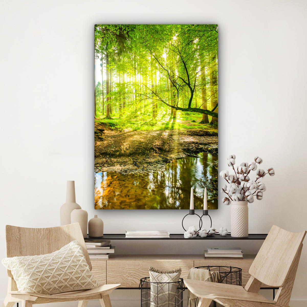 LEINWANDBILD Wald - Landschaft - Wasser - Bäume - Sonne - Grün - Natur 90x140 cm - Grün, Textil (90/140cm) - MuchoWow
