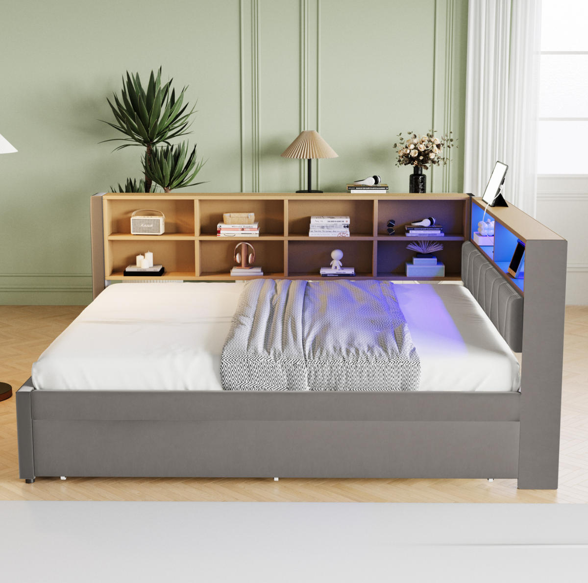BETT mit Ausziehbett 140/200 cm und LED-Beleuchtung Dunkelgrau Flanell - Dunkelgrau, Textil (140/200cm) - OKWISH