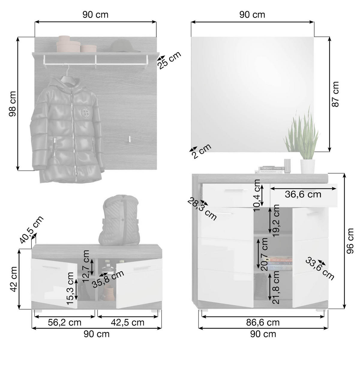 GARDEROBE Set 4-teilig weiß Hochglanz, grau, Komplettset mit Schuhkommode - Chromfarben/Weiß Hochglanz, Holzwerkstoff/Kunststoff (195/197/40cm) - Inn.Furn