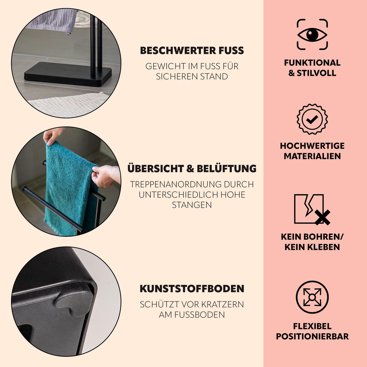 STAND-HANDTUCHHALTER, schwarz - Schwarz, Metall (35/78/20cm) - bremermann