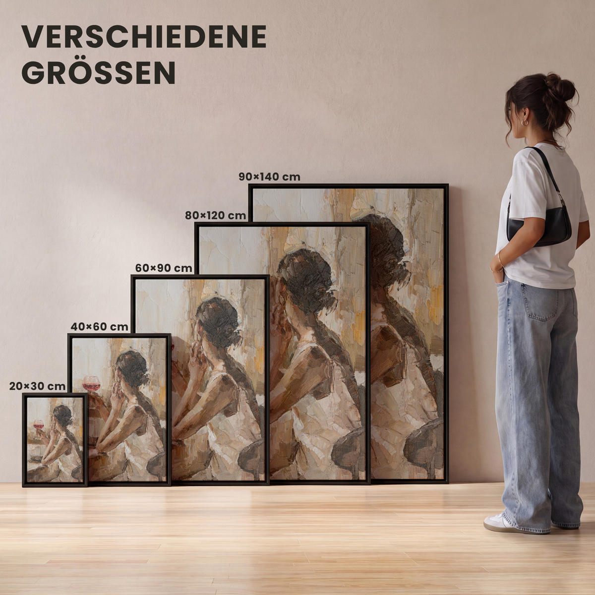 LEINWAND Bilder mit Rahmen - Ölgemälde - Frau - Wein - 20x30 - Hellbraun, Textil (20/30cm) - MuchoWow