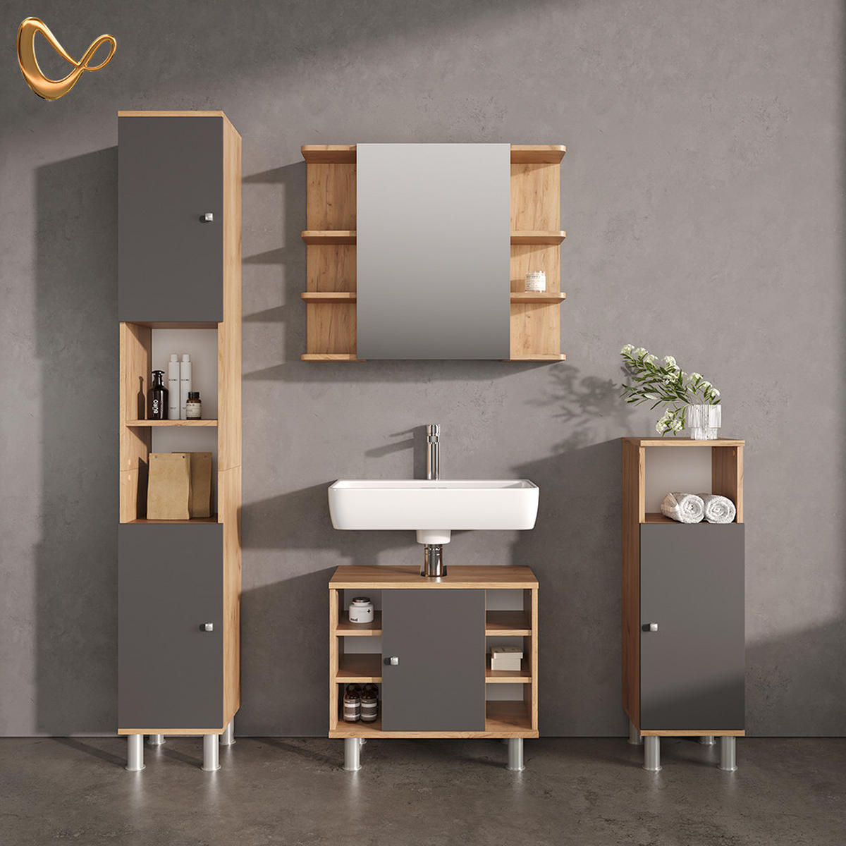 BADMÖBEL-SET Fucino Eiche 4 Teile - Eichefarben/Anthrazit, Holzwerkstoff (79/64/21cm) - Livinity®