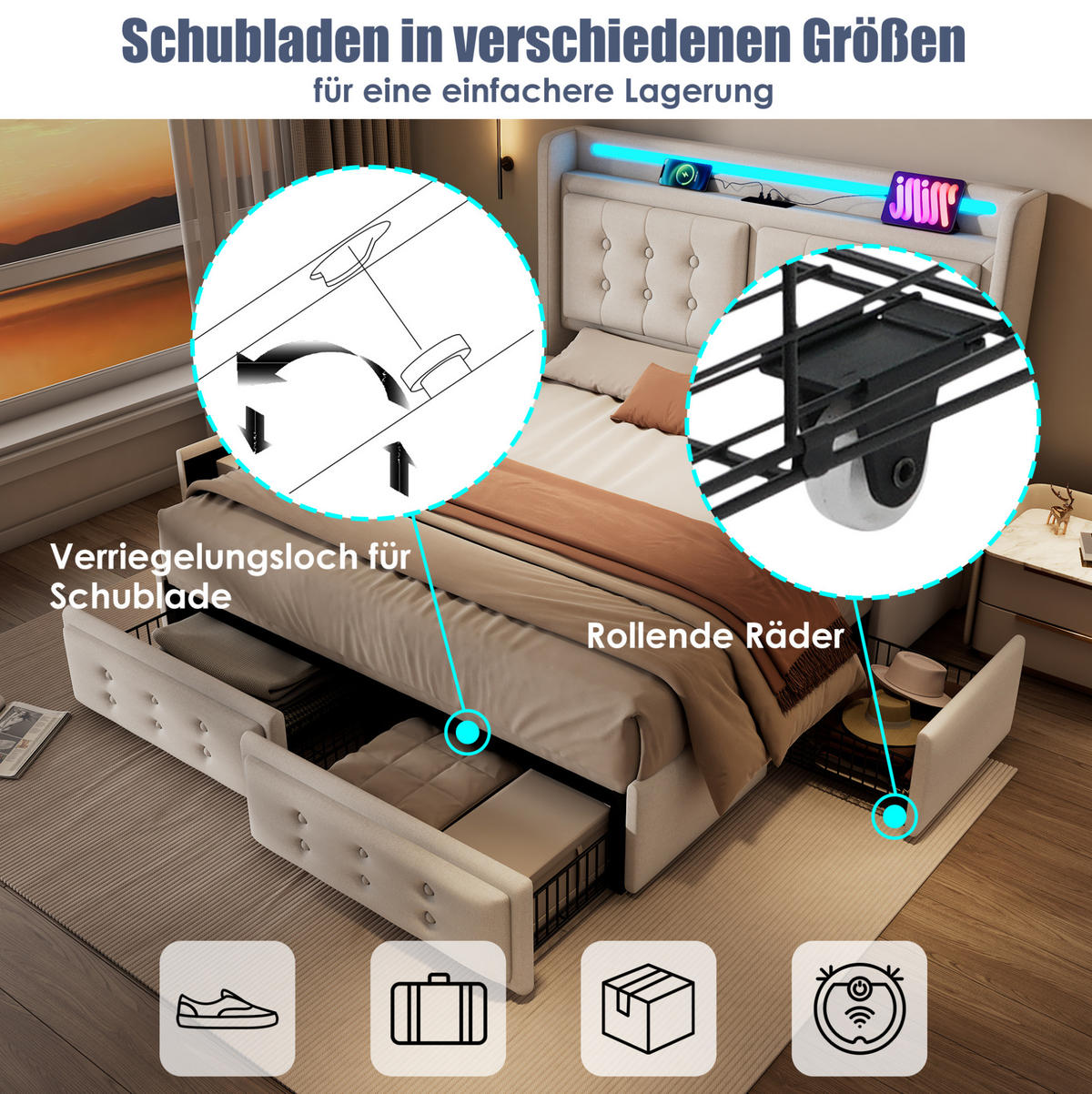 ČALOUNĚNÁ postel 140/200 cm s LED osvětlením, nabíjením USB-C a úložnými zásuvkami, bavlna a kov, Béžová - béžová, textil (140/200cm) - Redom