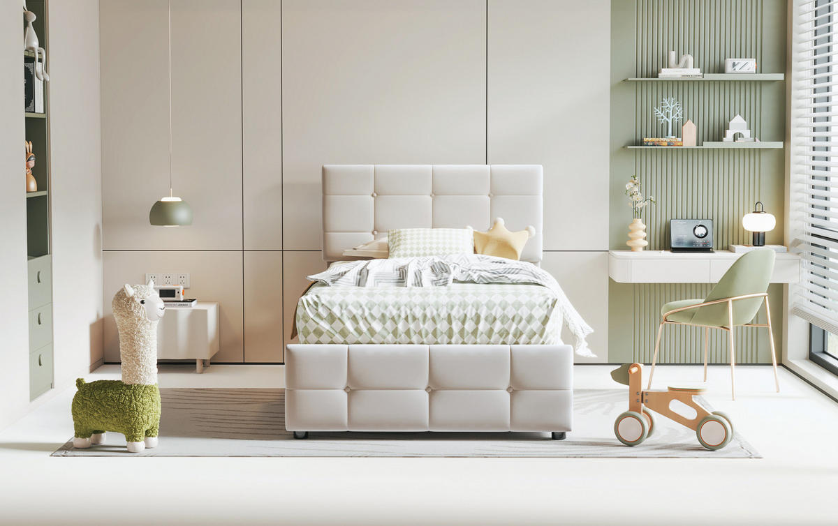 KINDERPOLSTERBETT 90/200 cm Beige aus Samtstoff mit Stauraum und höhenverstellbarem Kopfteil - Beige, Textil (90/200cm) - OKMYHOME
