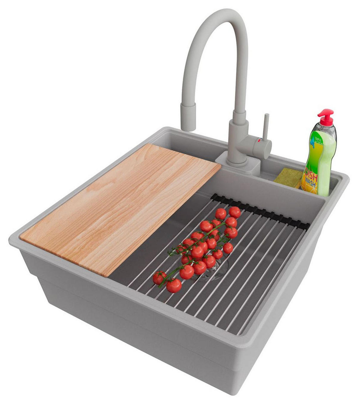 GRANITSPÜLE New York, 2-er set Grau 48/53 cm 1 Becken + Küchenarmatur 38/14 cm + Ablauf-Set + Küchenzubehörset ab 50er Unterschrank - Chromfarben/Beige, Kunststoff (48/20/53cm) - Primagran