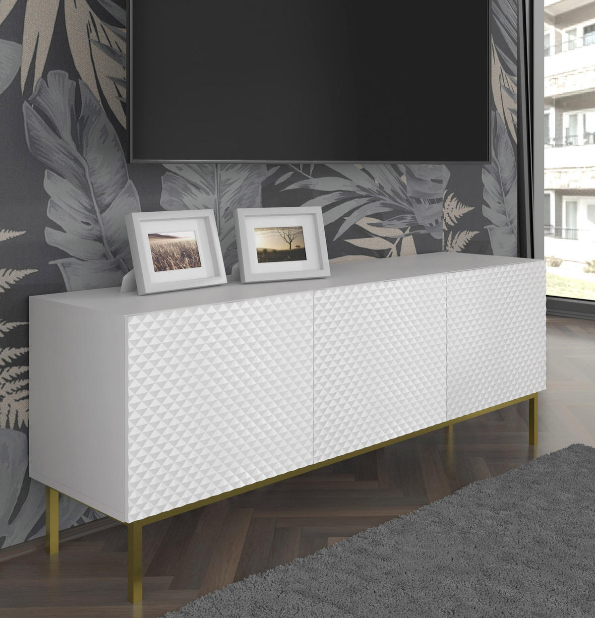 TV LOWBOARD Weiß, Weiß Hochglanz, Gold 150/58/42 - Weiß Hochglanz/Weiß, Holzwerkstoff (150/58/42cm) - RAUMHIRSCH FURNITURE