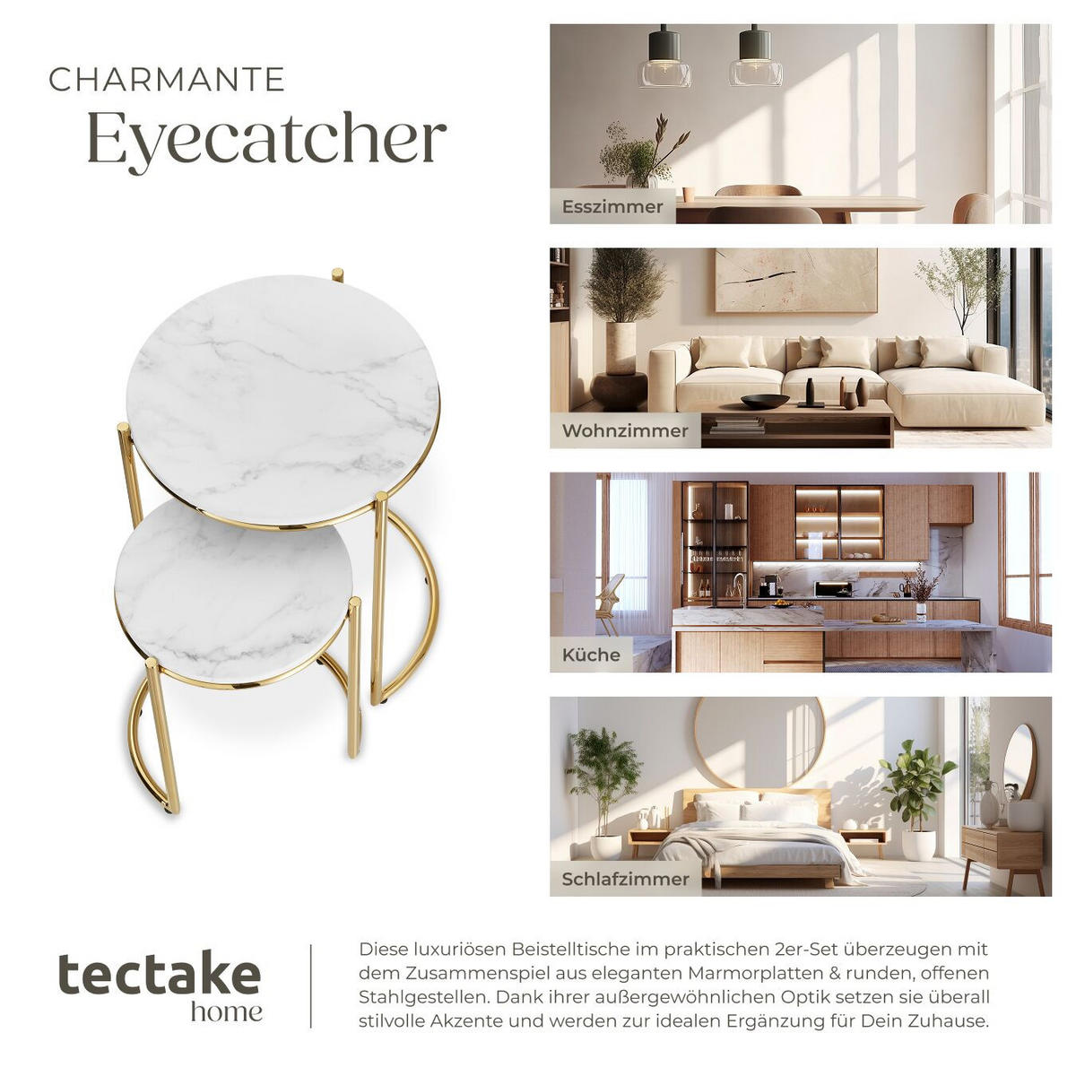 BEISTELLTISCH Ellsa,ineinander schiebbar,weiß/gold - Goldfarben/Weiß, Stein (43/43/50.5cm) - tectake