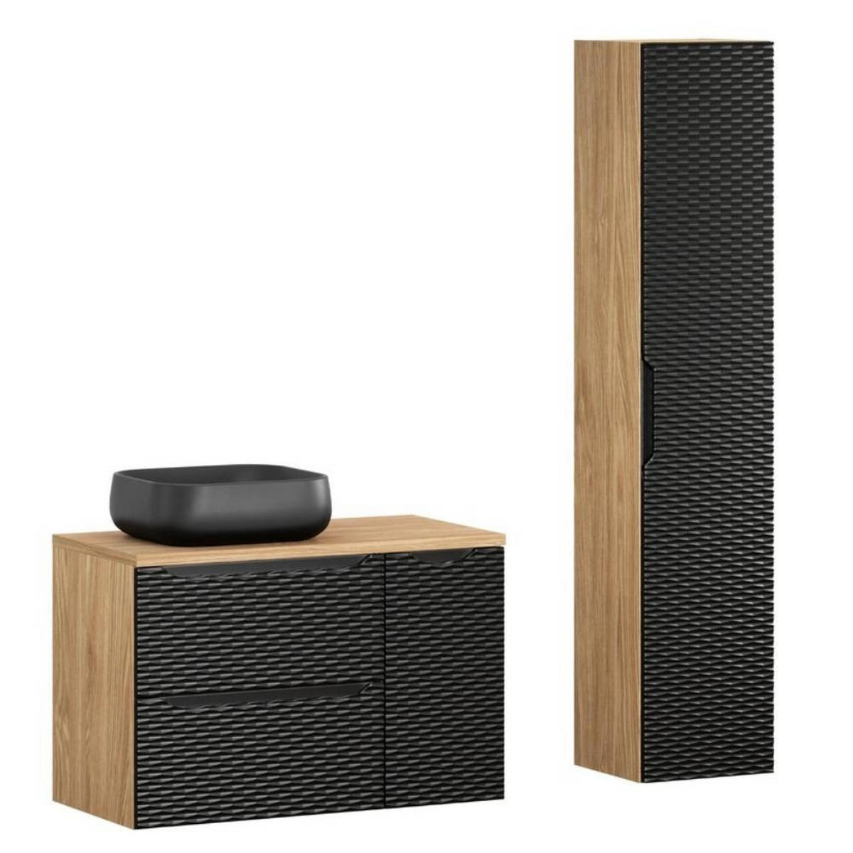 BADMÖBEL-SET 5 Teile - Ocean Black O BM446 in Schwarz / Geölte Eiche - Eichefarben/Schwarz, Holz/Keramik (90/57/46cm)