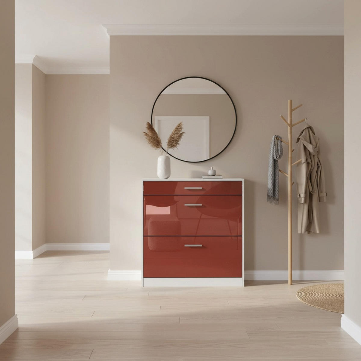 SCHUHSCHRANK Roma Schmal mit 2 Klappen und 1 Schublade, Platzsparender Schuhkipper, Weiß matt/Bordeaux Hochglanz (89 x 95,5 x 23 cm) - Bordeaux, Holzwerkstoff (89/95.5/23cm) - InnoFurn