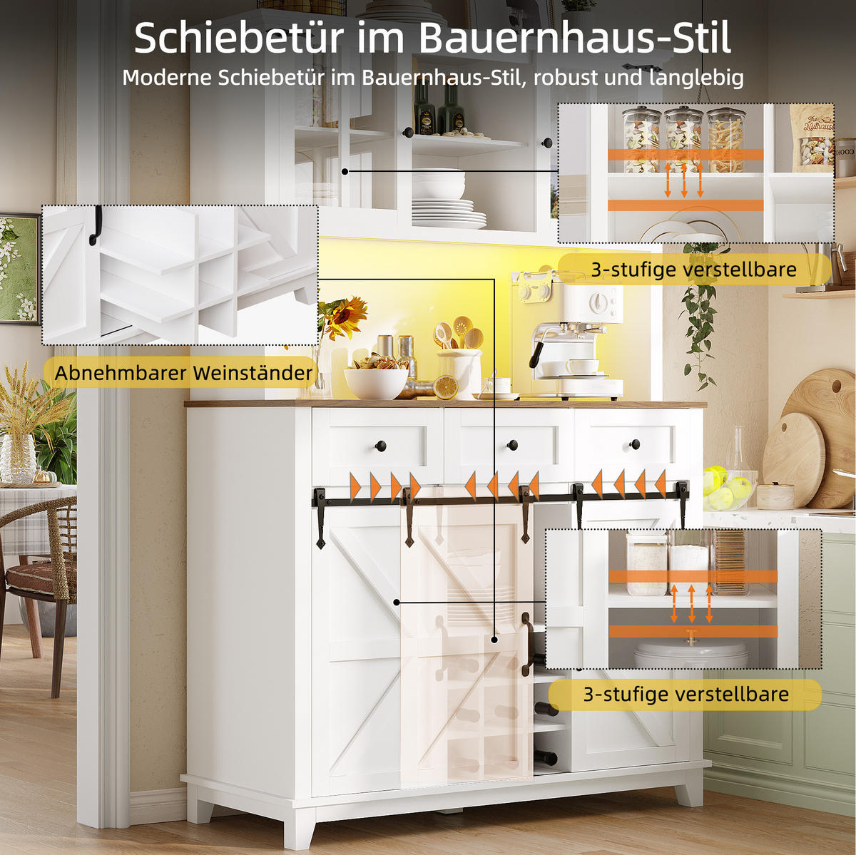 BUFFET 105/38,4/180 cm aus MDF mit LED-Beleuchtung und Schiebetür im Scheunenlook Weiß - Weiß, Holzwerkstoff (105/180/38.4cm) - Modenvie