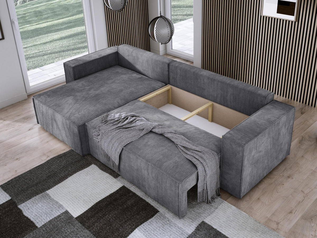 ECKSOFA POSO XL UNIVERSAL, Schlaffunktion und Lattenrost - L-Form, Cord, Federung auf Wellfedern, 274x143x83 cm, Links Grey - Grau, Holz/Textil (277/143cm) - DomoHome