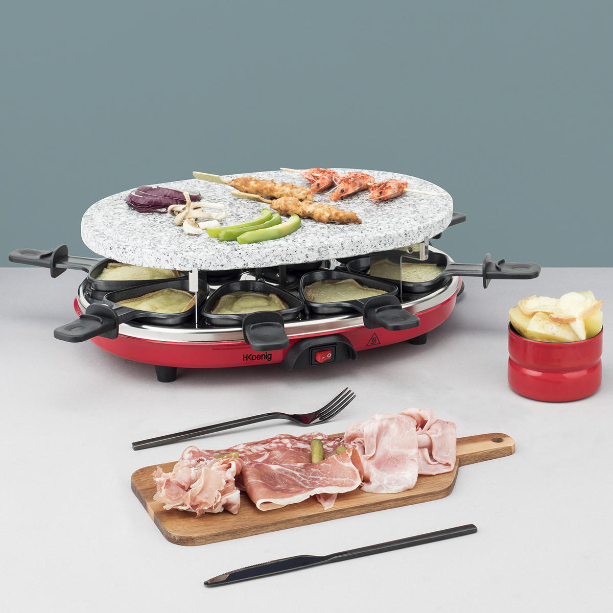 RACLETTE-GERÄT RP412 , Rot und Grau, 4 in 1 Raclette für 8 Personen - Grau/Dunkelrot, Stein (25.8/12/35.7cm) - HKoenig