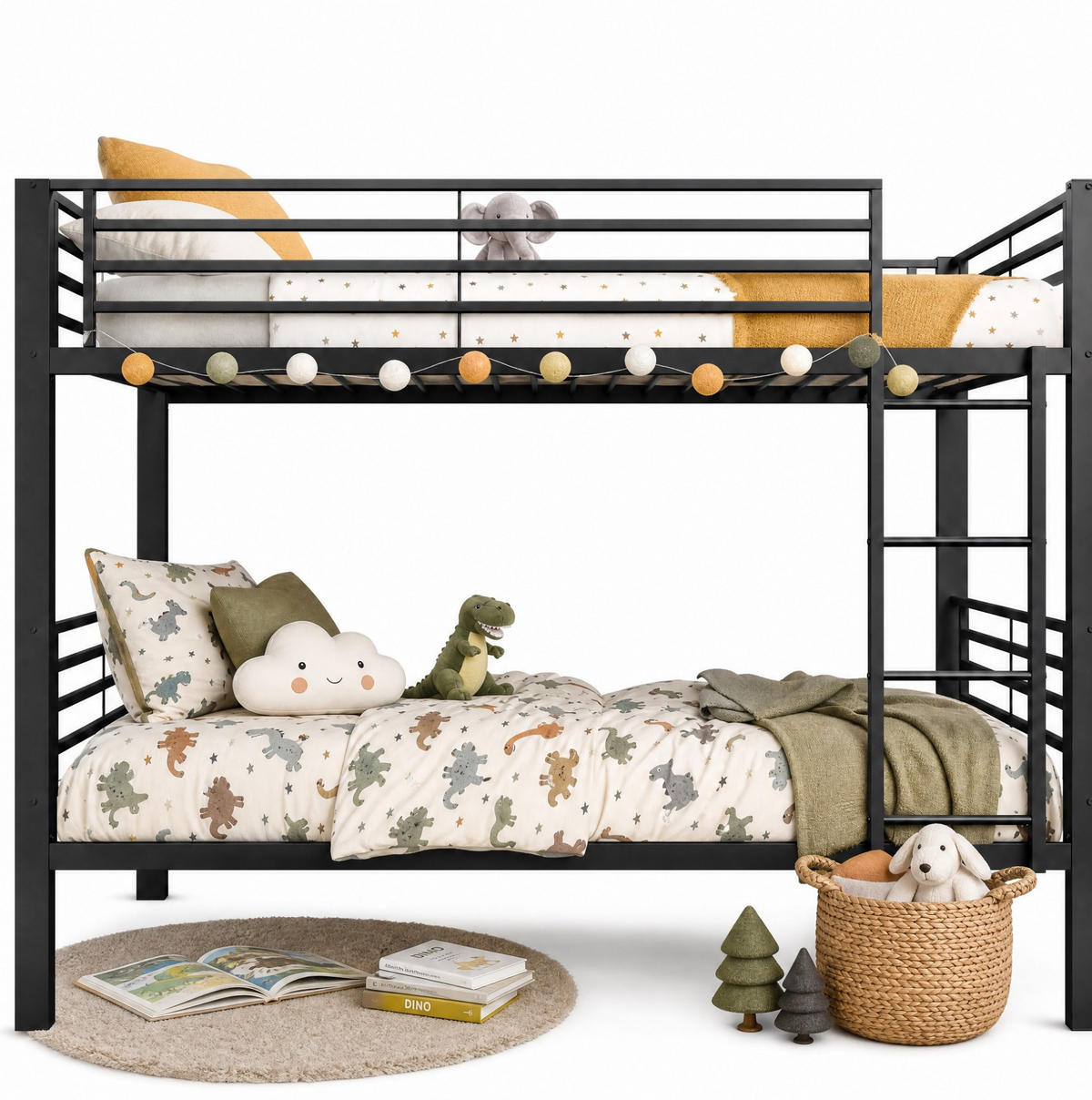ETAGENBETT aus Metall 90x200 cm Schwarz mit beidseitig montierbarer Leiter - Schwarz, Metall (90/200cm) - Modfu