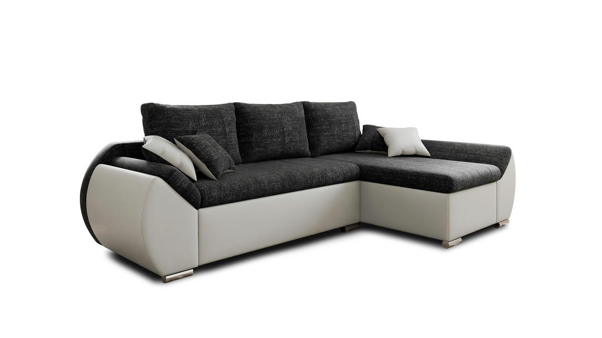ECKSCHLAFSOFA ALEX – Schwarz + Weiß (Lawa 06 + Soft 17) + Hocker - Rechts - Schwarz, Holzwerkstoff/Metall (275/155cm) - Möblo