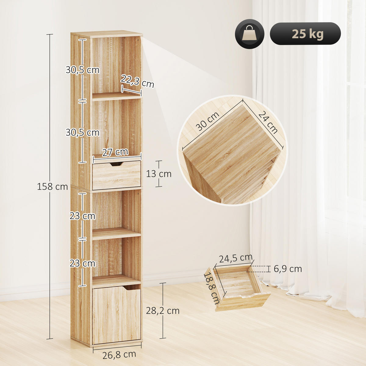 BÜCHERREGAL 30/24/158 cm natur - Naturfarben, Karton (30/158/24cm)