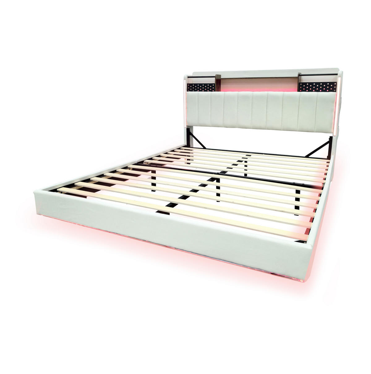 POLSTERBETT 160/200 cm mit LED-Beleuchtung, USB und Stauraum im Kopfteil - Beige, Textil (160/200cm) - BEAOK
