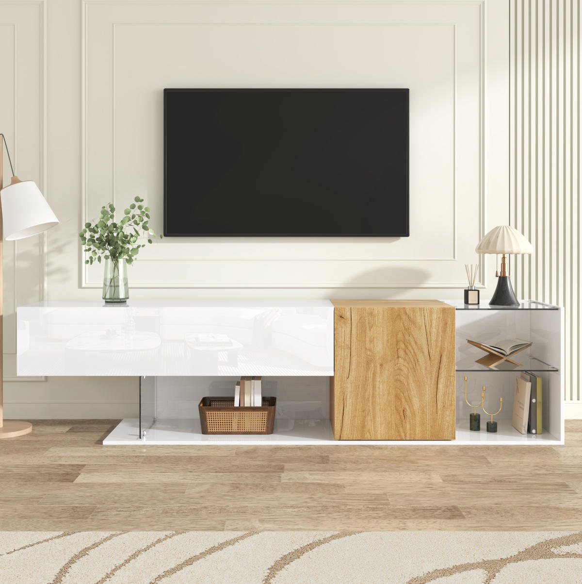 TV-LOWBOARD aus Spanplatte 180x38x48 cm Weiß/Natur mit Glasregalen und Stauraum - Weiß, Holzwerkstoff (180/48/38cm) - IVMEU