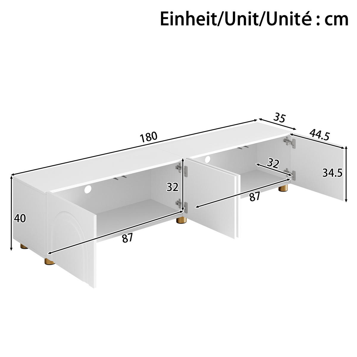 TV-SCHRANK Lowboard 4 Türen Bogenrelief Metallfüße - Weiß, Holzwerkstoff (35/40/180cm) - FLIEKS