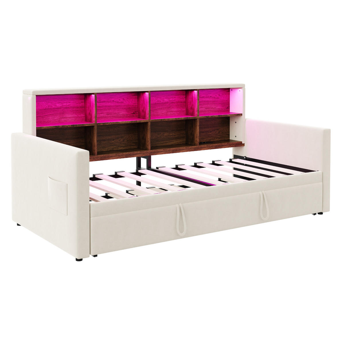AUSZIEHBETT 90/190 cm DE-02118, in Beige, mit LED, Steckdosen und Staufächern - Beige, Metall (90/190cm) - ComfortXL