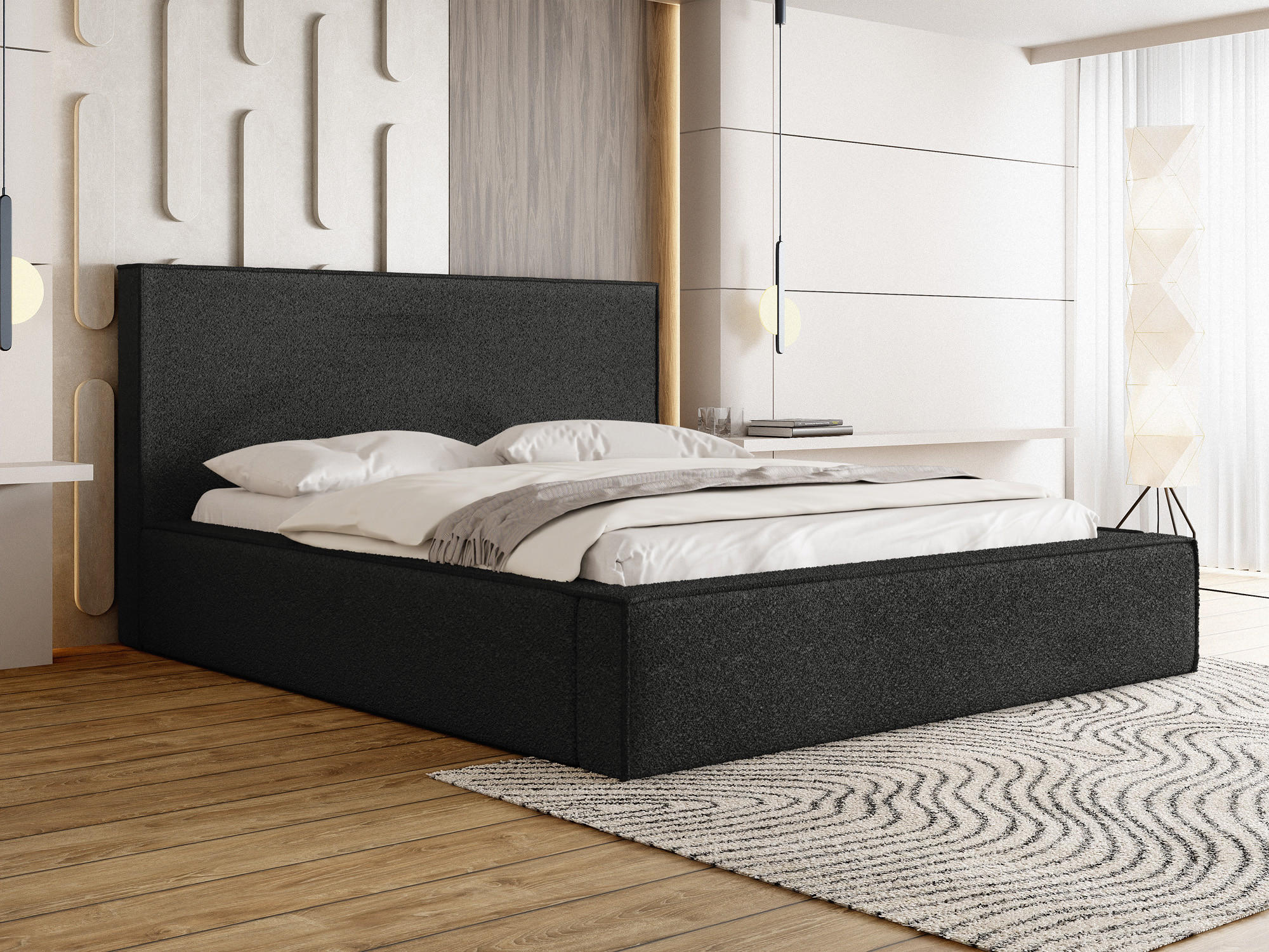 POLSTERBETT Terra mit Bettkasten, Schwarz Boucle 180x200 cm - Birkefarben/Schwarz, Holz/Holzwerkstoff (180/200cm) - WFL GROUP