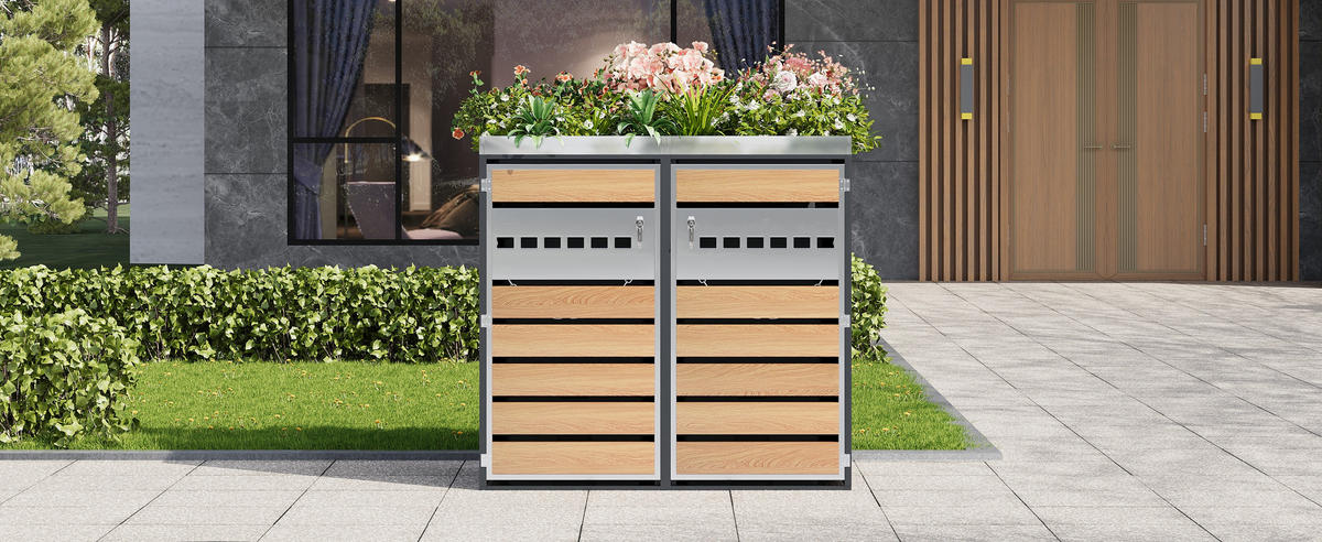 MÜLLTONNENBOX 2 Türen Pflanzfläche Belüftung - Grau, Metall (132/124.5/80cm) - LEBENLANG