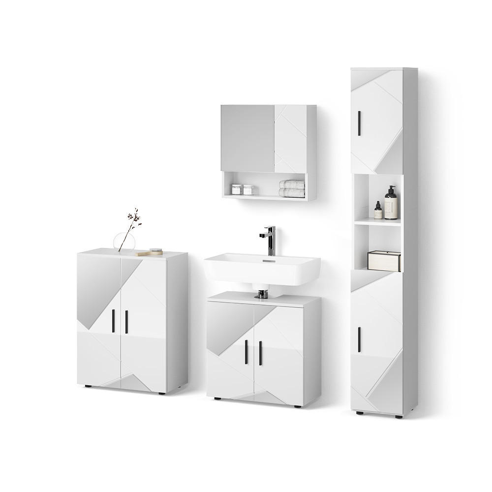 BADMÖBEL-SET Ronco Weiß Hochglanz mit Einsätzen 4 Teile, mit Hochschrank und Kommode - Weiß Hochglanz, Holzwerkstoff (60/60/59cm) - Livinity®