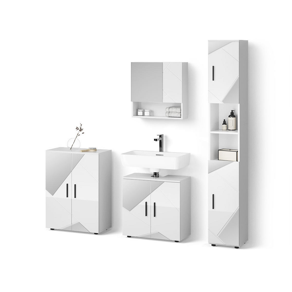 BADMÖBEL-SET Ronco Weiß Hochglanz mit Einsätzen 4 Teile, mit Hochschrank und Kommode - Weiß Hochglanz, Holzwerkstoff (60/60/59cm) - Livinity®